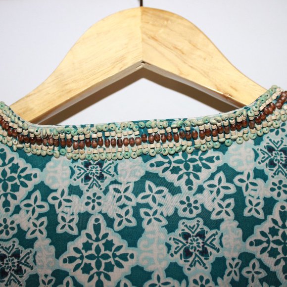 SALE: Vintage Talbots Beaded Collar Button-up 3/4 Sleeve, XL Turquoise/Lt. Blue - Picture 8 of 11